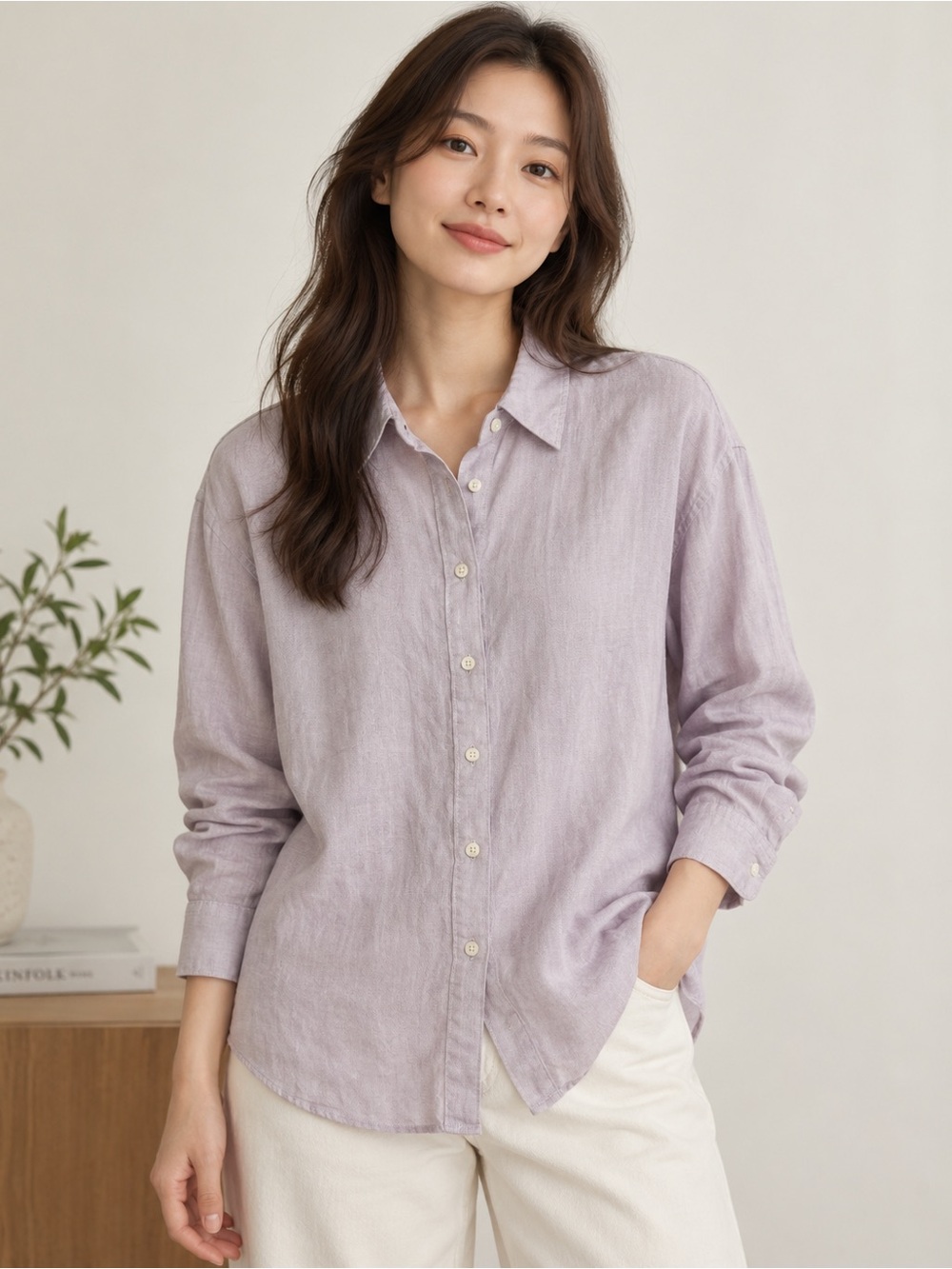 UNIQLO Women’s Premium Linen Long Sleeve Shirt Lavender Size M 100% Linen
